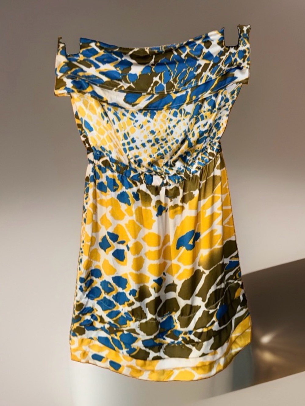 Postella Silk Tiered Yellow Blue Olive Leopard Print Strapless Mini Dress-S-EC